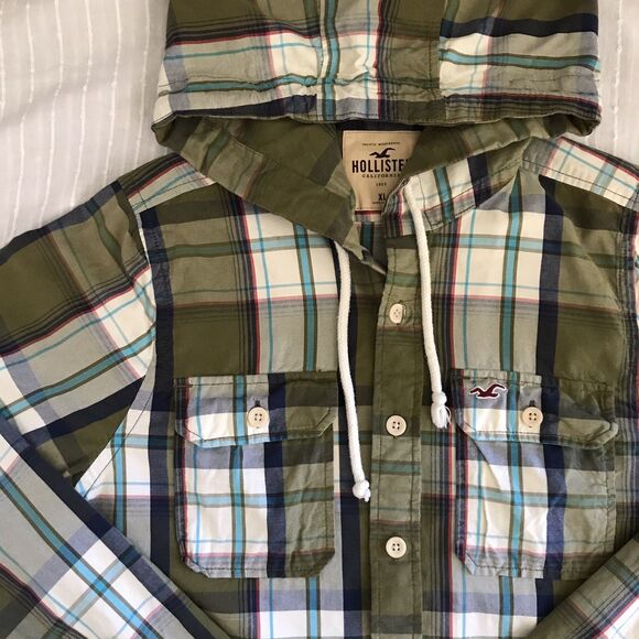 Hollister Olive Green Plaid Cotton Long Sleeve Hoodie Mens Shirt NEW - XL - Picture 2 of 8